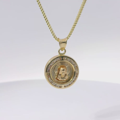 14KT Gold Charm Small 3D Round Double Sided Tri Tone Graphic Line Background Virgin Mary / Jesus Coin with White CZ Stones Edge and Plain Bell