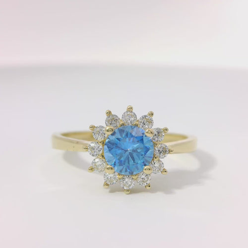 14KT Gold Ring Women's Flower Round Turquoise CZ Stone Center with White CZ Stones Petals Border Plain Band