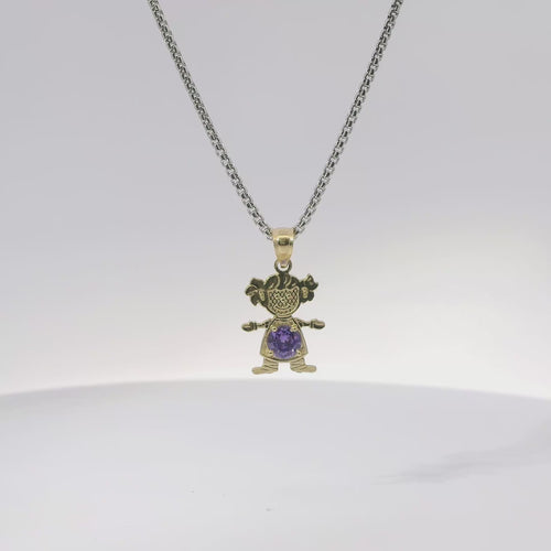 14KT Gold Charm Girl with Purple CZ Stone Belly and Plain Bell