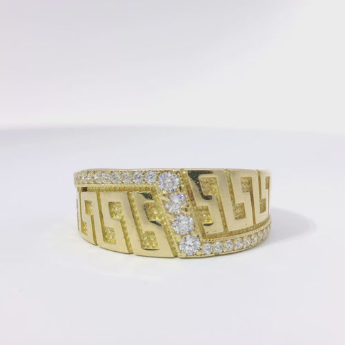 14KT Gold Ring Women's Jumbo Greek Center with White CZ Stone Lightning Bolt Across Center of Band