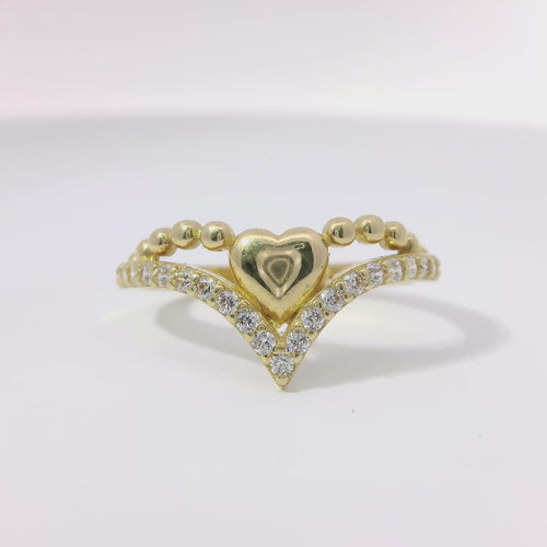 14KT Gold Ring Women's Solid Heart Beaded Necklace Center with Lower White CZ Stone Chevron Band