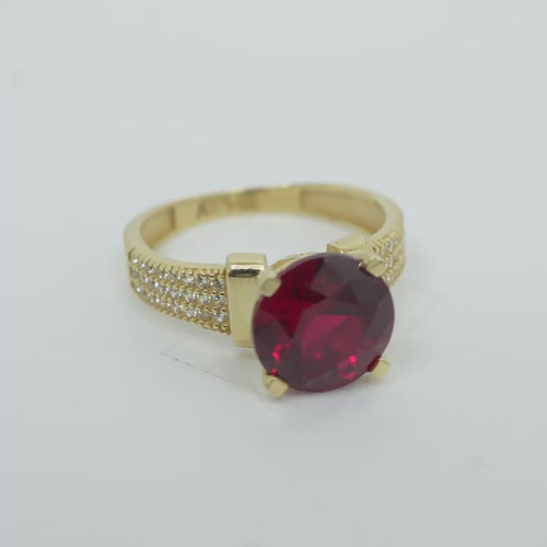 14KT Gold Ring Women's Jumbo Round Red Center CZ Stone Plain Shoulders Triple Row of White CZ Stones Band