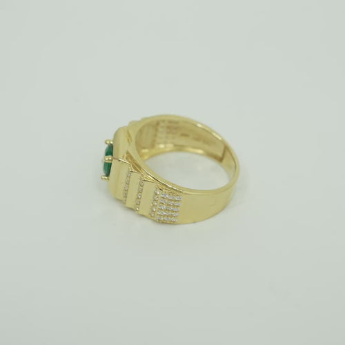 14KT Gold Ring Men's Square Green Round CZ Stone Plain Square Border Side Design Three Tiers of Single Row White CZ Stones Stairs and Triple Row of White CZ Stones Under Stairs