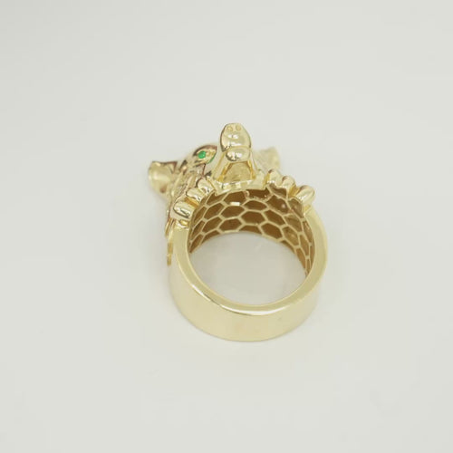 14KT Gold Ring Men's Jumbo Wolf Ring with White CZ Stones Fur and Green Eyes