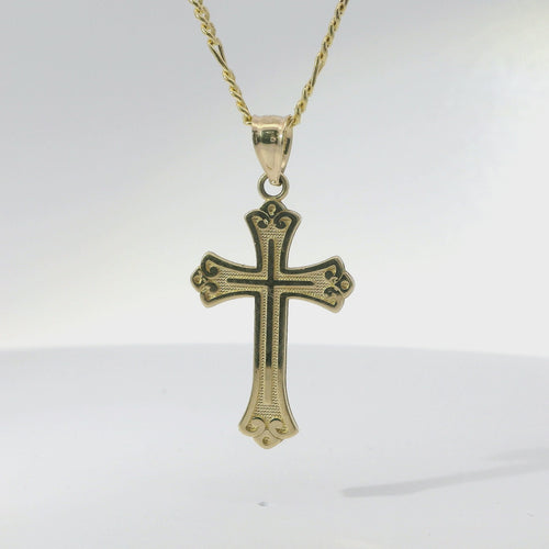 14KT Gold Charm Small Plain Center Cross with Flur De Lis Ends and Plain Bell