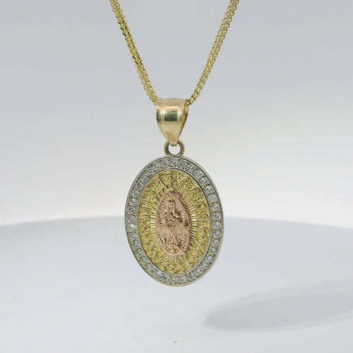 14KT Gold Charm Medium Oval Two Tone Virgin Mary Quinceanera "15 Anos" Coin with White CZ Stones Border and Plain Bell