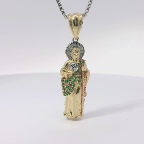14KT Gold Charm Medium 3D Tri Tone St Jude Figurine Holding Coin with Green CZ Stones Robe, White CZ Stones Halo, and Plain Bell