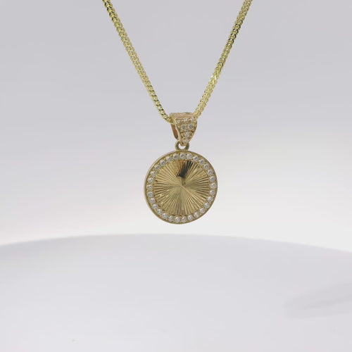 14KT Gold Charm Small Sunray Center Coin with White CZ Stones Border and Bell