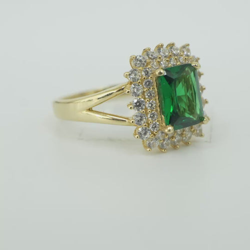 14KT Gold Ring Women's Rectangle Dark Green CZ Center with Round Double White CZ Stones Border and Plain Split Band