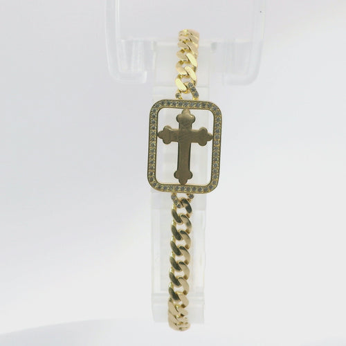 14KT Gold Bracelet Women's Single Charm Diamond Cut Engravable Cross with Rectangle White CZ Stones Border and White CZ Stone End Cuban Link Lobster Clasp Band