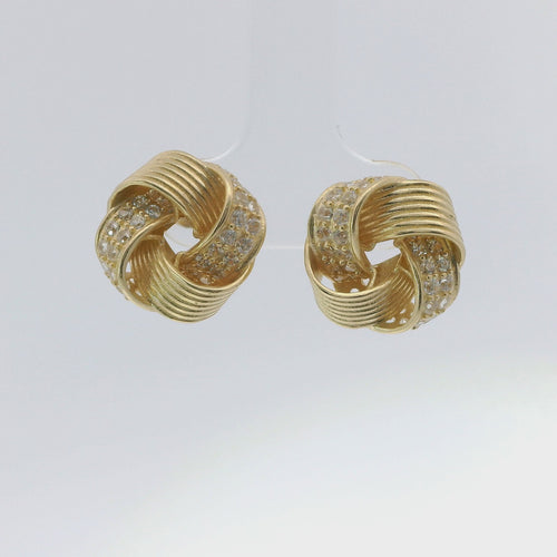 14KT Gold Earrings Medium Four Cord Strand White CZ Stones Open Flattened Square Knot with Plain Borders, Push Back Post, and Butterfly Backs
