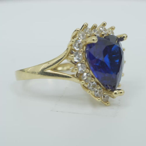 14KT Gold Ring Women's Jumbo Heart Navy Blue Center CZ with Round White CZ Stones Border and Plain Split Band
