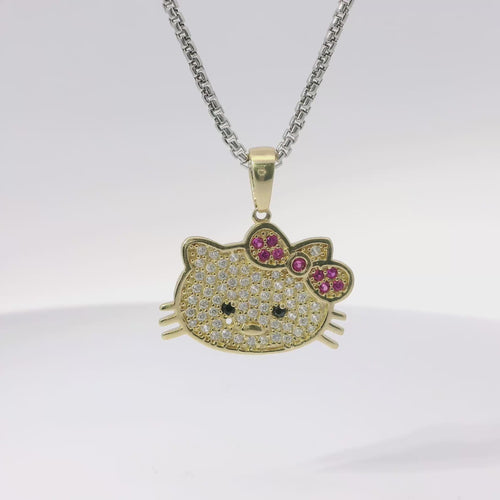 14KT Gold Charm Jumbo White CZ Stones Hello Kitty Head with Dark Pink CZ Stones Bow, Plain Whiskers, and Plain Bell