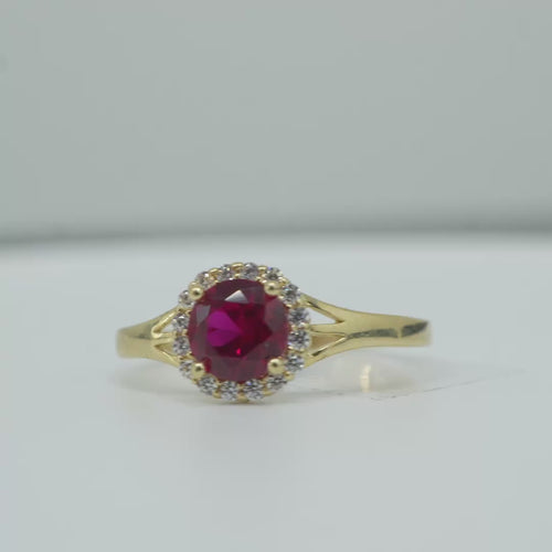 14KT Gold Ring Women's Mini Round Red Center CZ Stone with Round White CZ Stones Border and Mini Plain Double Split Band