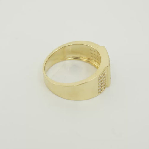 14KT Gold Ring Men's Square White Round CZ Stone Center Design with 6 x 6 Rows Side Design White CZ Stones Triple Row of Five White CZ Stones
