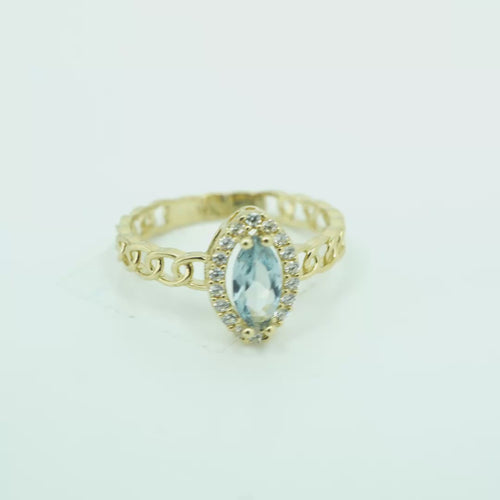 14KT Gold Ring Women's Marquise Light Blue Center Stone with White CZ Stone Border Chino Band