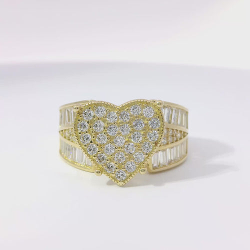 14KT Gold Ring Women's Jumbo Heart Shape White CZ Stones Cluster, Plain Border, and Baguette Chevron with Round White CZ Stones Center on Band