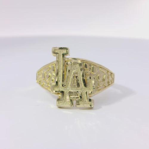 14KT Gold Ring Unisex Mini Nugget Raised "LA" (Los Angelos) and Plain Nugget Band