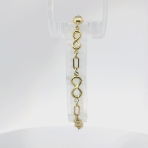 14KT Gold Bracelet Women's Three Charm Infinity Loop with Paperclip Links and White CZ Stone End Lobster Clasp