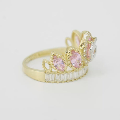 14KT Women's Gold Ring "15" Quinceanera Crown Pink CZ Stones with White Baguette CZ Stones Band Plain Shank
