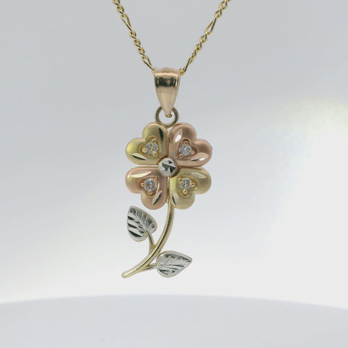 14KT Gold Charm Large Tri Tone Heart Petal Flower with White CZ Stones Petals and Plain Bell