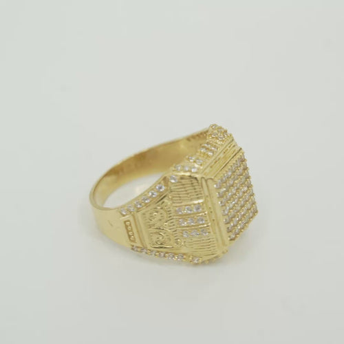 14KT Gold Ring Men's Rectangle Seven Row White CZ Stone Platform Double Plain Border Edge White Stones Shank Embossed Scrolled Design White CZ Stone Border and Three White CZ Stone Stripes