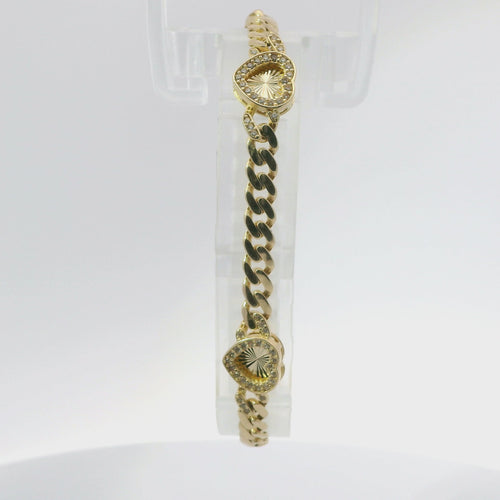 14KT Gold Bracelet Women's Three Charm Sunray Hearts with White CZ Stones Borders and White CZ Stone End Cuban Link Lobster Clasp Band