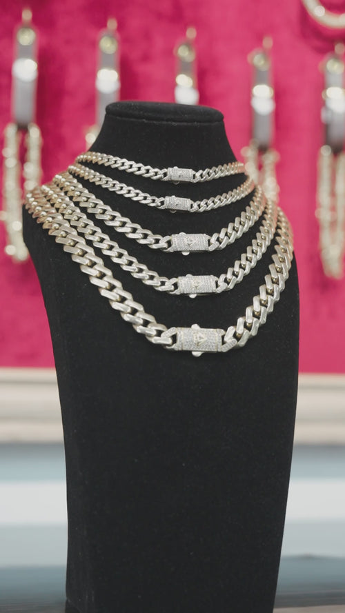 14KT Gold Chain Hollow Crown Miami Link with Diamond Shape Emblem on White CZ Stones Designer Clasp 2mm