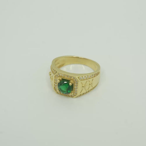 14KT Gold Ring Men's Octagon Green CZ Round Center Stone White CZ Stone Border Band Design Two Stacked "X" with Center Dot Single Row White CZ Stones Border