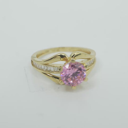 14KT Gold Ring Women's Pink Round 6 Prong Center CZ with White Baguette CZ Band and Plain Lips Border