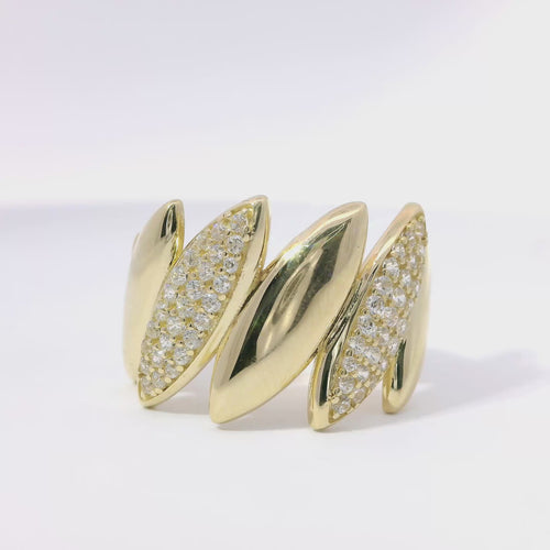 14KT Gold Ring Women's Five Abstract Puff Marquise Shaped Leaves Plain / Round White CZ Stones