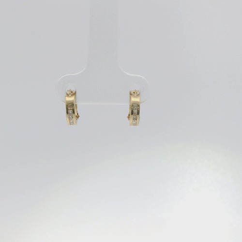 14KT Gold Earring Extra Small White CZ Stones Single Row Hoops with Two Tone Diagonal Stripe Diamond Cut Back Huggie
