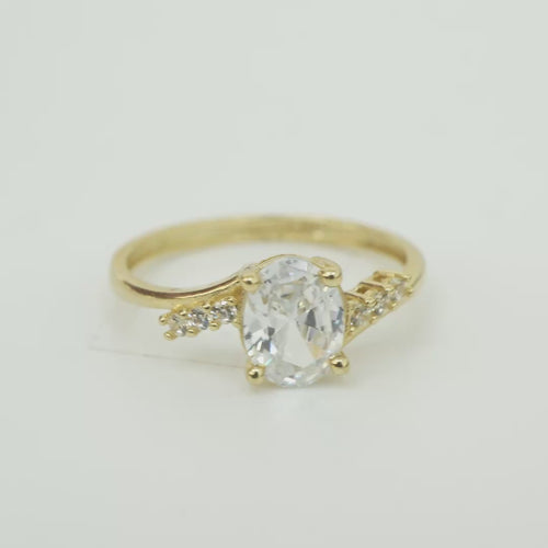 14KT Gold Ring Women's White Oval Center CZ Stone with 3 High/Low Round White CZ Stones Shoulders and Plain Band