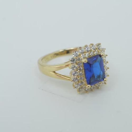 14KT Gold Women's Ring Navy Blue Rectangle Center CZ Stone Double White Round CZ Stones Border Plain Split Band