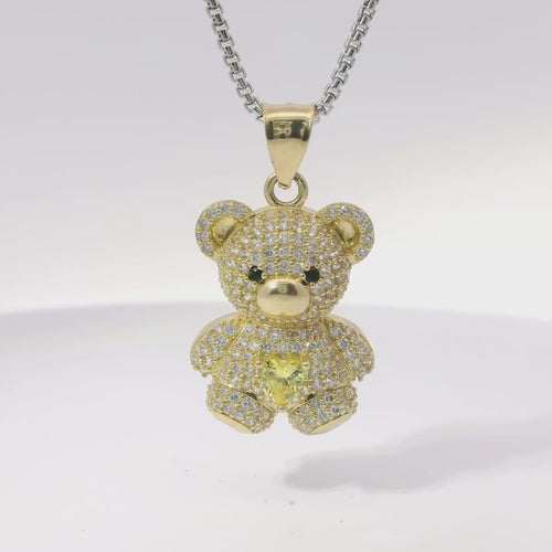 14KT Gold Charm Extra Large White CZ Stones Teddy Bear with Yellow Heart Belly and Plain Bell