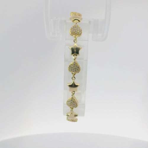 14KT Gold Bracelet Women's Alternating White CZ Stones Hearts and Plain Puff Stars and White CZ Stone End Cuban Link Lobster Clasp Band