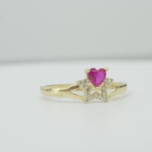 14KT Gold Ring Women's Red CZ Top Stone with White CZ Stones Border Outline Only Star Shape Plain Split Band