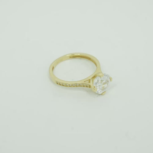 14KT Gold Women's Ring Octagon Rose Mini 4 Prong White CZ Center Stone with Round White Pave CZ Stone Band