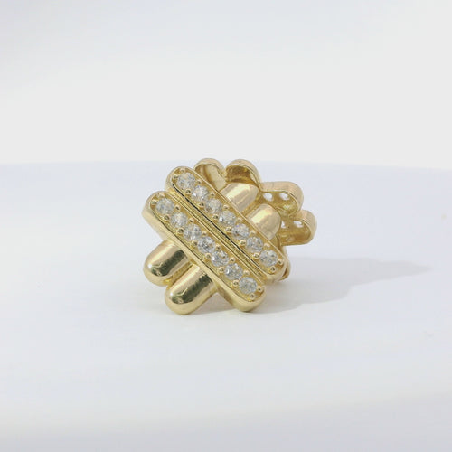 14KT Gold Earrings Medium White CZ Stones Puff Hashtag with Push Back Post and Butterfly Backs