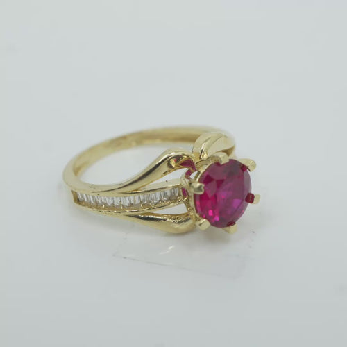 14KT Gold Ring Women's Red Round 6 Prong Center CZ with White Baguette CZ Band and Plain Lips Border