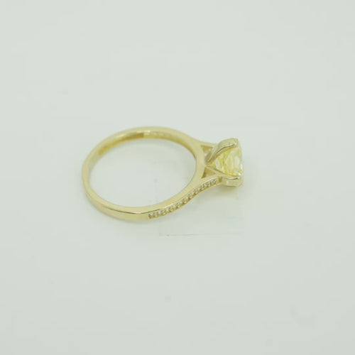 14KT Gold Ring Women's Octagon Rose Mini 4 Prong Canary Yellow CZ Center Stone with Round White Pave CZ Stone Band