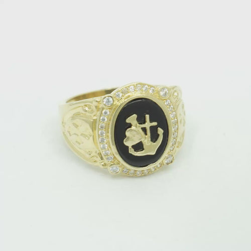 14KT Gold Ring Men's Oval Onyx Anchor/Heart/ Cross with White CZ Stones Border Side Design Chrome Style Cross on Shield
