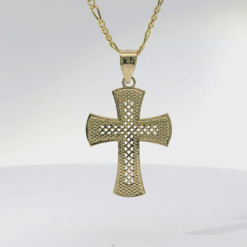 14KT Gold Charm Small Lattice Center Cross with Flare Ends and Plain Bell