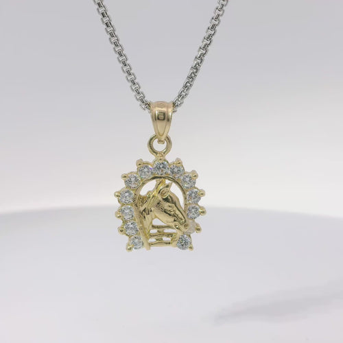 14KT Gold Charm Small Horsehead Center with White CZ Stones Horseshoe Border and Plain Bell