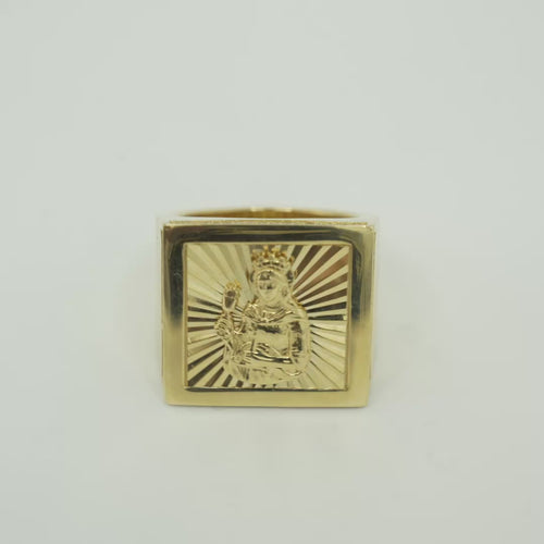 14KT Gold Ring Men's Square St. Barbara Plain Border Double Row White CZ Stones Outside Border Plain Band