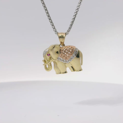 14KT Gold Charm Small Tri Tone Elephant with Pink CZ Stone Eye and Diamond Cut Rose Gold Curved Blanket Plain Bell