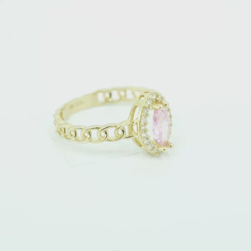 14KT Gold Ring Women's Marquise Pink Center Stone with White CZ Stone Border Chino Band