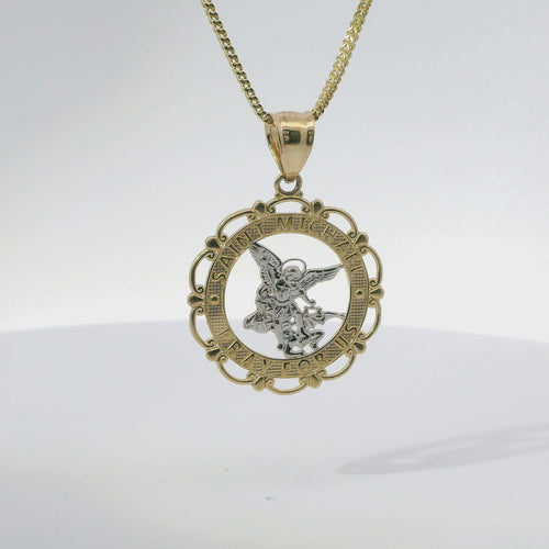 14KT Gold Charm Small Two Tone Open Center St Michael "PRAY FOR US" Coin with Open Scallop Edge and Plain Bell