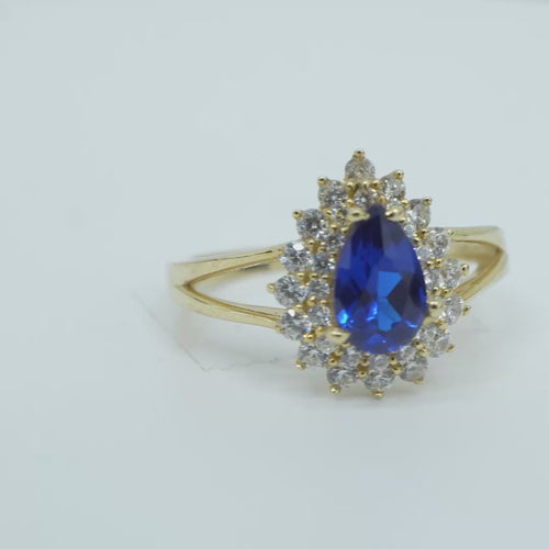 14KT Gold Ring Women's Pear Navy Blue CZ Center with Round Double White CZ Stones Border and Plain Split Band