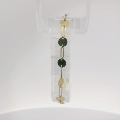 14KT Gold Bracelet Women's Alternating Paperclip Link and Plain Round Discs with White CZ Stone End Lobster Clasp